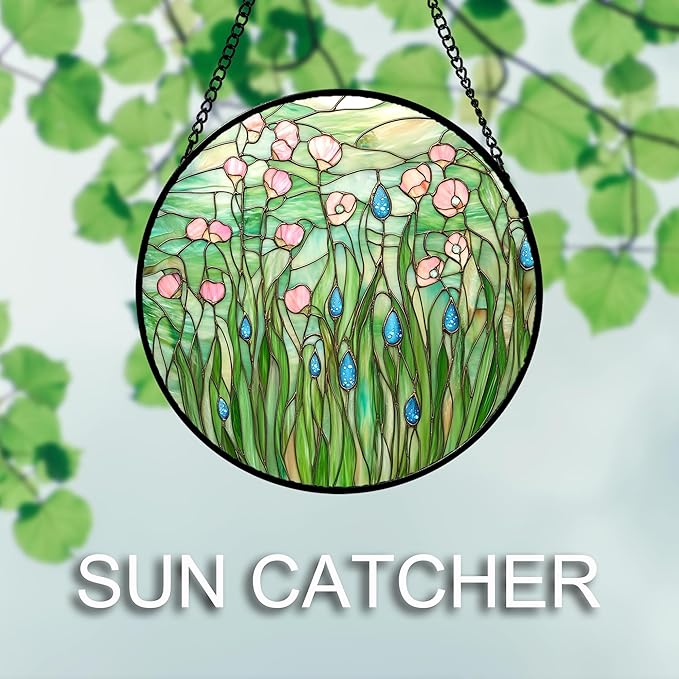 AMDERVEN Stained Glass Window Hanging 4 Pcs Set Pink Green Spring Saplings - Image 3