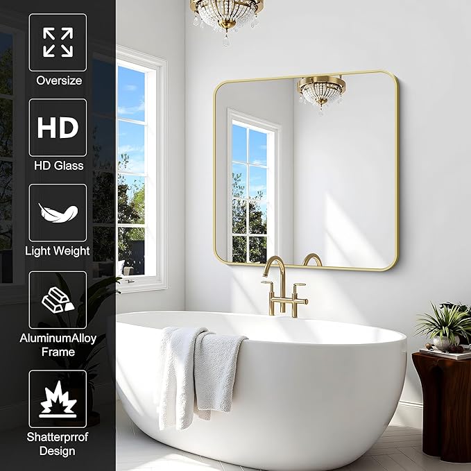 Gold Bathroom Mirror, 42x42 Inch Metal Framed Square Mirror, Rounded Corner - Image 5