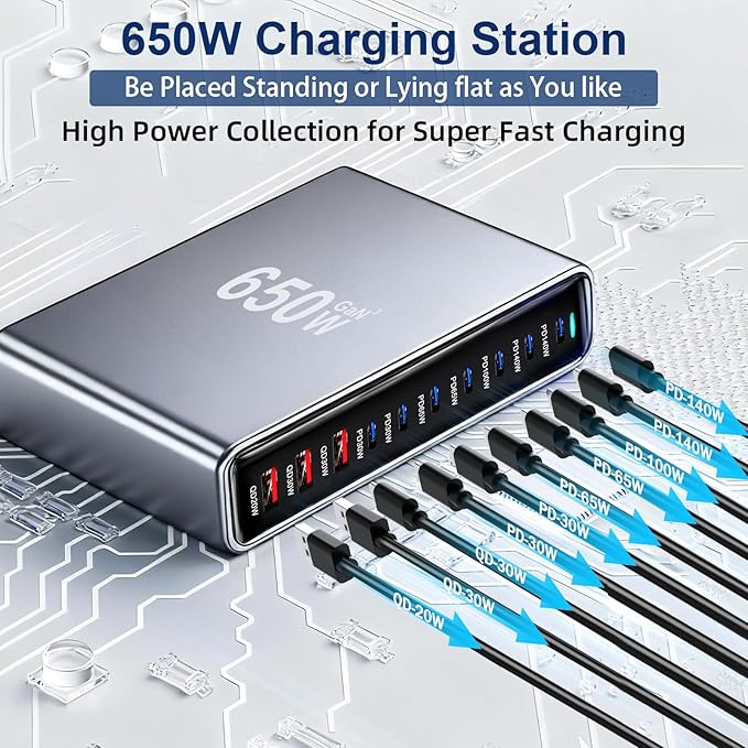 650W USB C Fast Charger Block, Dual PD3.1 140W 10 Port USB Charging Station - Image 3