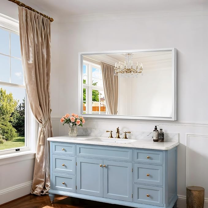42x30 Silver Bathroom Mirror, Brushed Silver Rectangular Mirror - Image 5