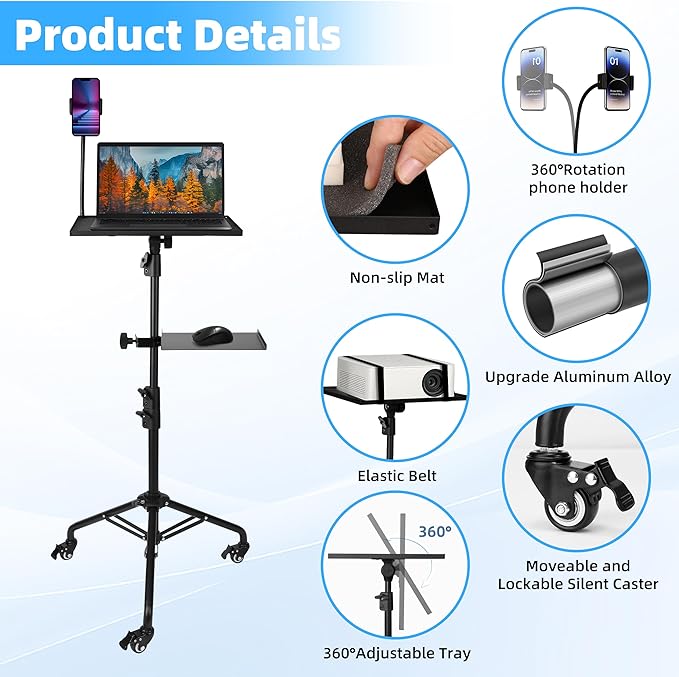 STEADUS Projector Stand Tripod – 24 to 59 Inch Adjustable Height – Dual Shelves - Image 3