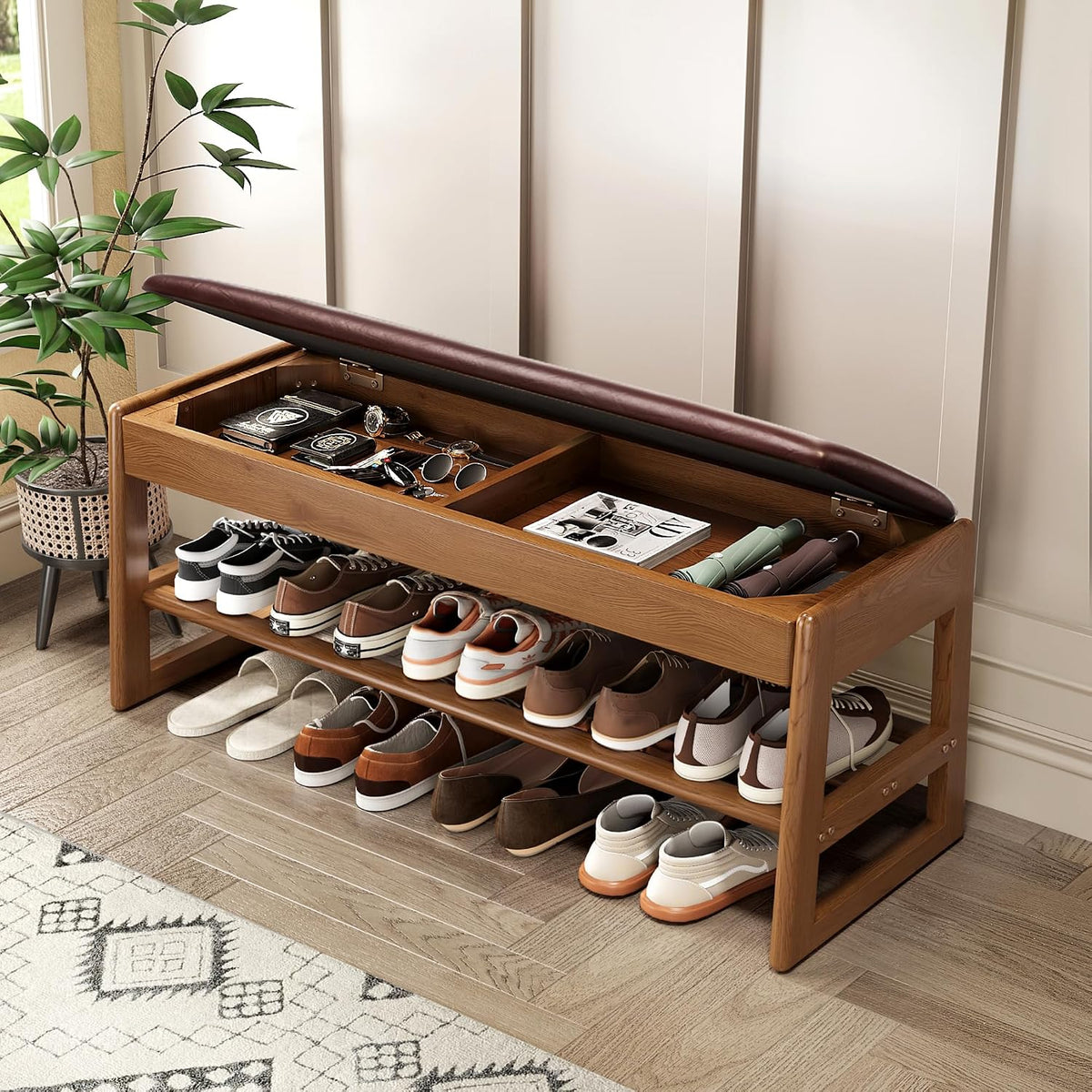 shoe rack bench with hidden storage, 2‑tier solid, main product view