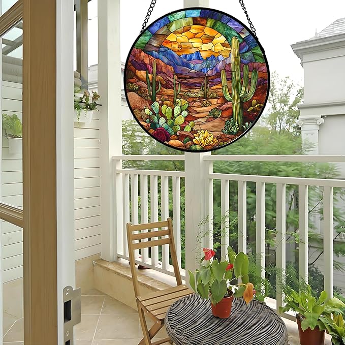 CRISGIF Stained Glass Window Hanging Cactus Mountains Landscape Large 11.8" - Image 5