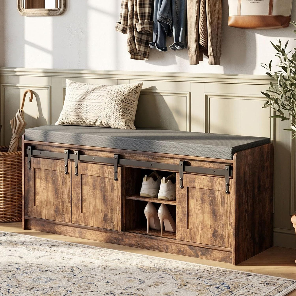 42" farmhouse shoe storage bench with seating cushion,for, main product view