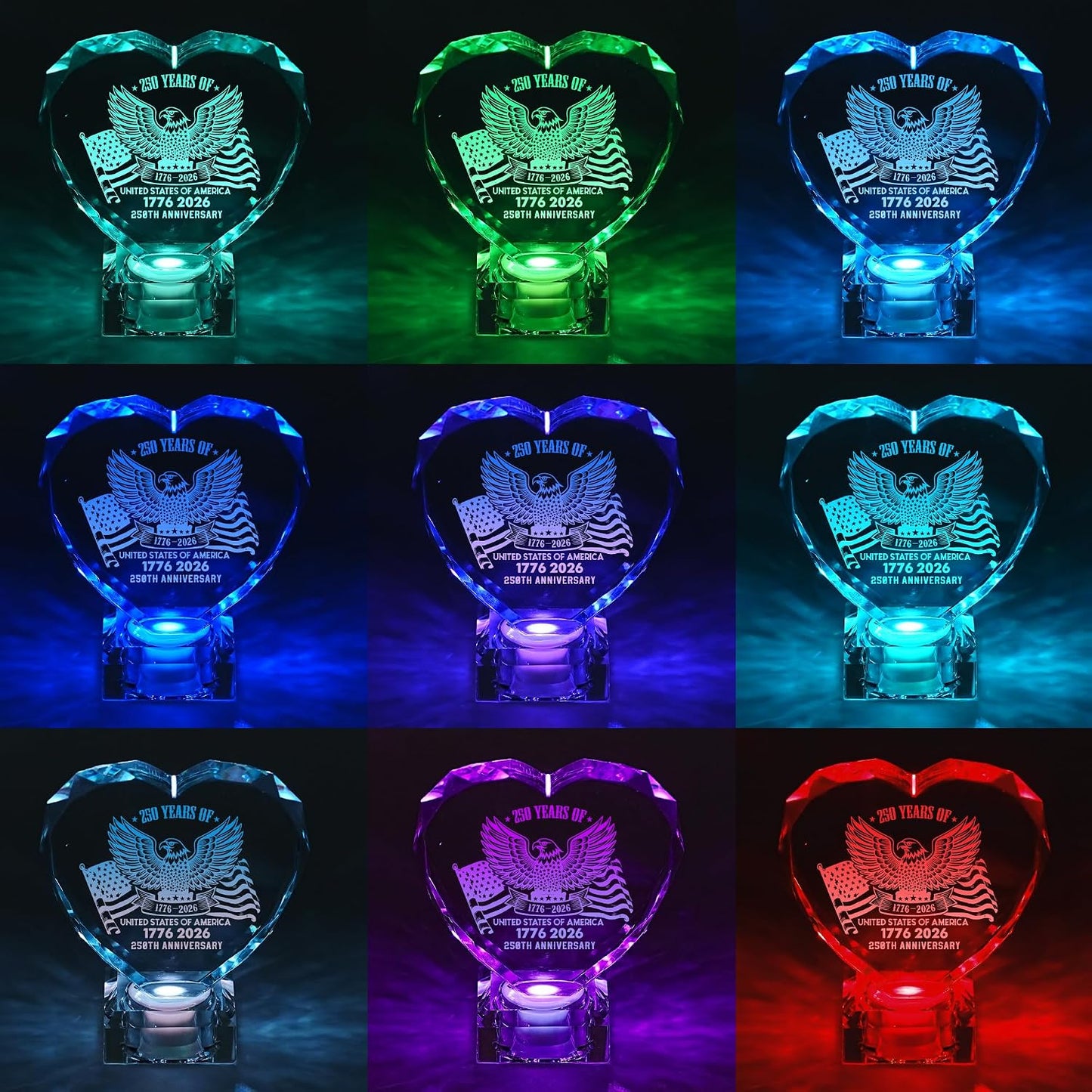 250th Anniversary 1776-2026 Heart Crystal LED Lamp, Engraved Crystal Night Light with Auto Color Changing, USB Powered Desk Decor Lamp for Men Women Veterans History Lovers