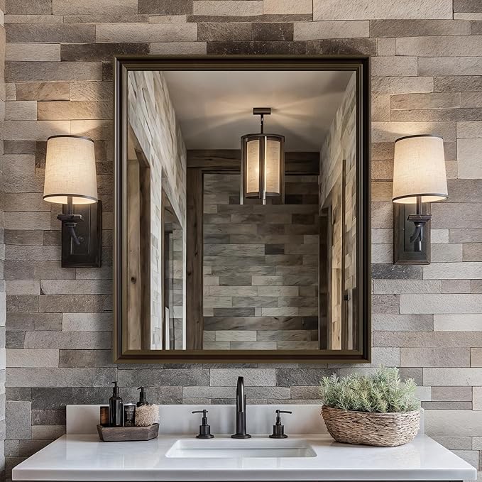 Retro Copper Effect Framed Wall Mirror, 30x36 Rectangle Mirror, by Ultrue