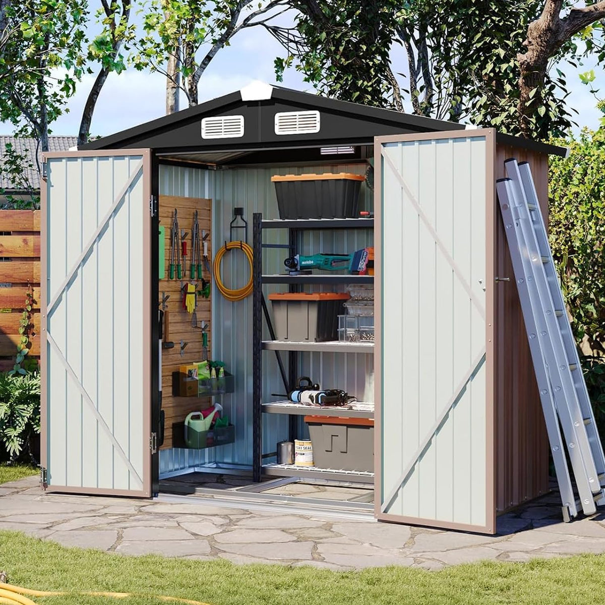 aoxun 6'x4' outdoor storage shed with base, brown, main product view