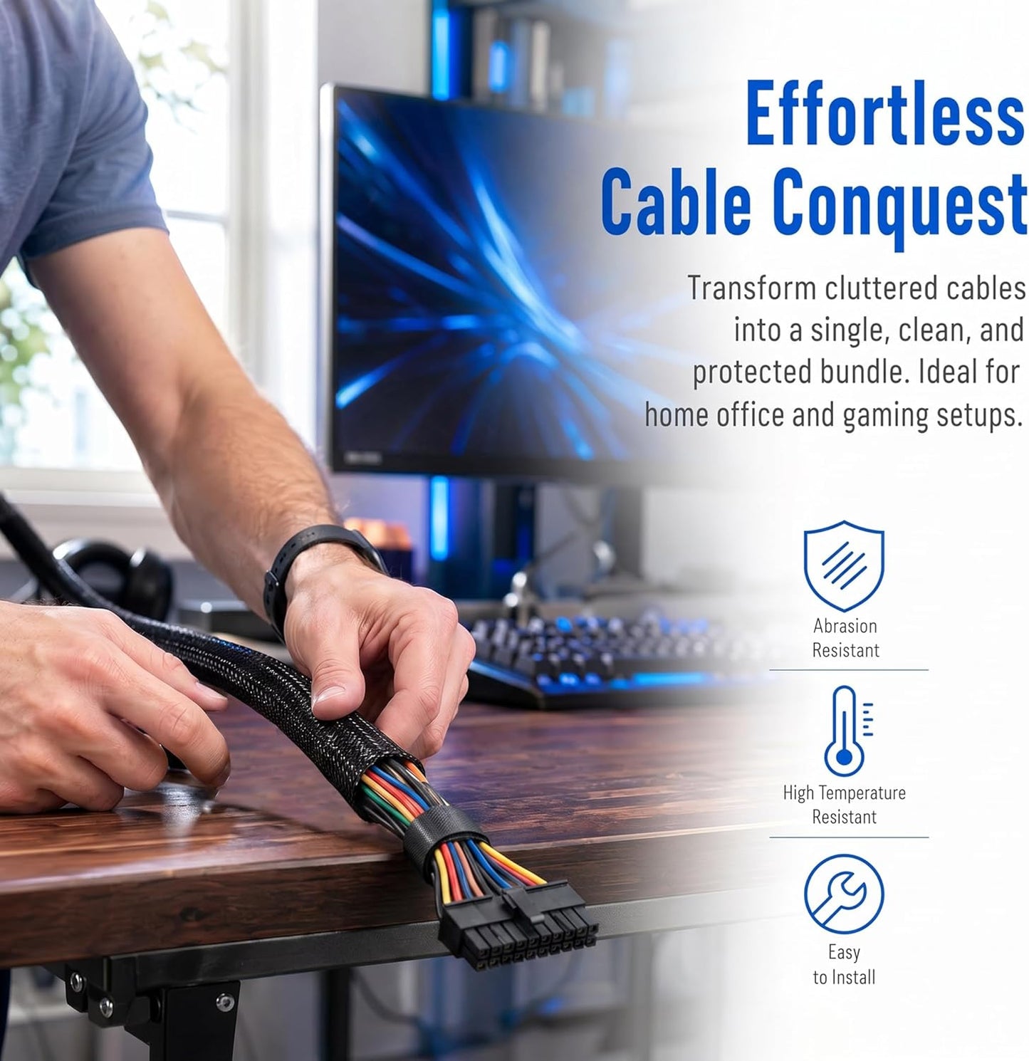 32ft 1" Expandable Cable Sleeving, Braided PET Wire Cover Cord Management | Black PET Braided Flexible Cable Sleeve, Anti-Scratch Wire Loom for Automotive Wire Harness Hydraulic Hose