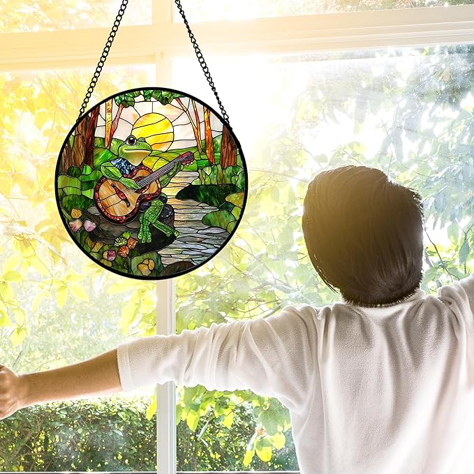 DASTOLL Stained Glass Window Hanging, Frog Playing Guitar Suncatcher Diamond - Image 3