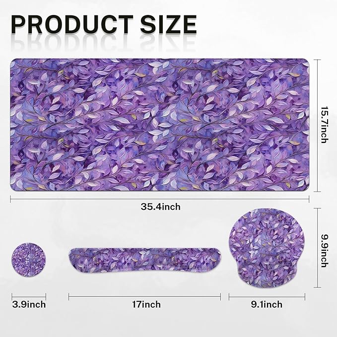 Britimes Purple Oil Painting Leaves Keyboard Mouse Pad Set Plant 4in1 Large - Image 2