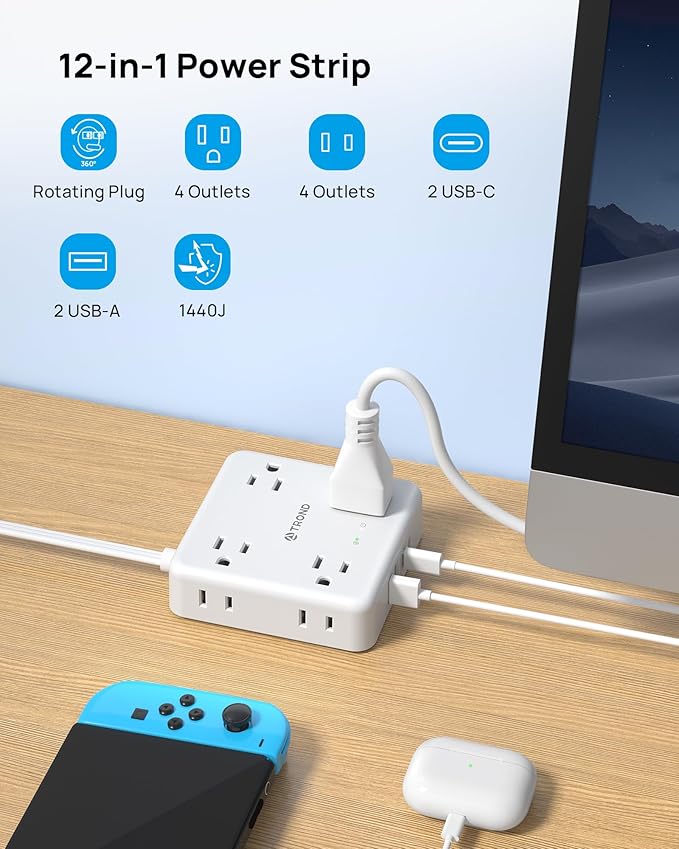TROND 360° Rotating Flat Plug Power Strip, 10FT Flat Extension Cord - Image 3