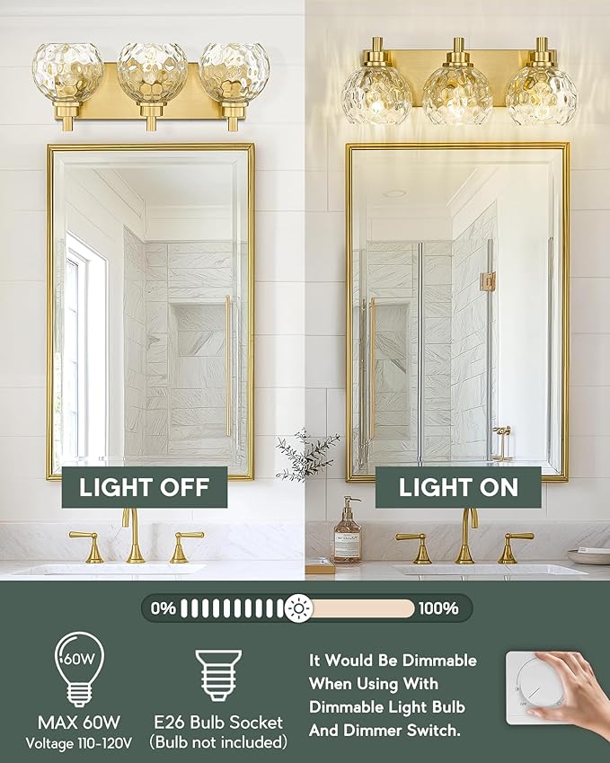METWET Bathroom Light Fixtures Over Mirror, 3-Light Brushed Gold Vanity Light - Image 5