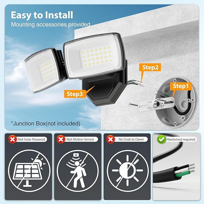 Onforu 3200LM Flood Lights Outdoor, 32W 6500K LED Security Light Manual Switch - Image 2