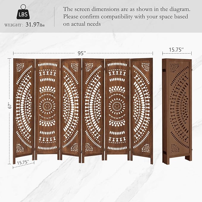 ALeesing 6 Panel Wood Room Divider Fully Assembled, Decorative Room Dividers - Image 2