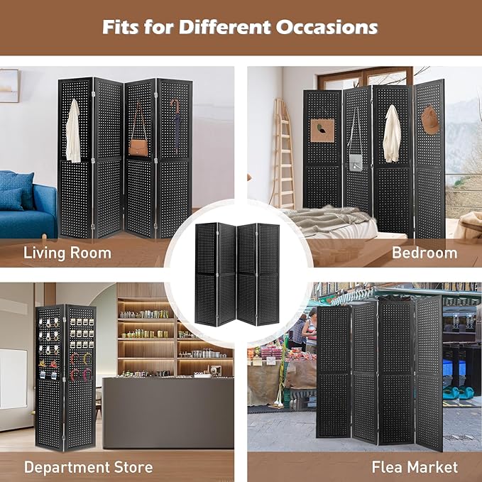 ECOMEX 4 Panel Room Divider, 5.6Ft Pegboard Display Wooden Room Divider Folding - Image 7