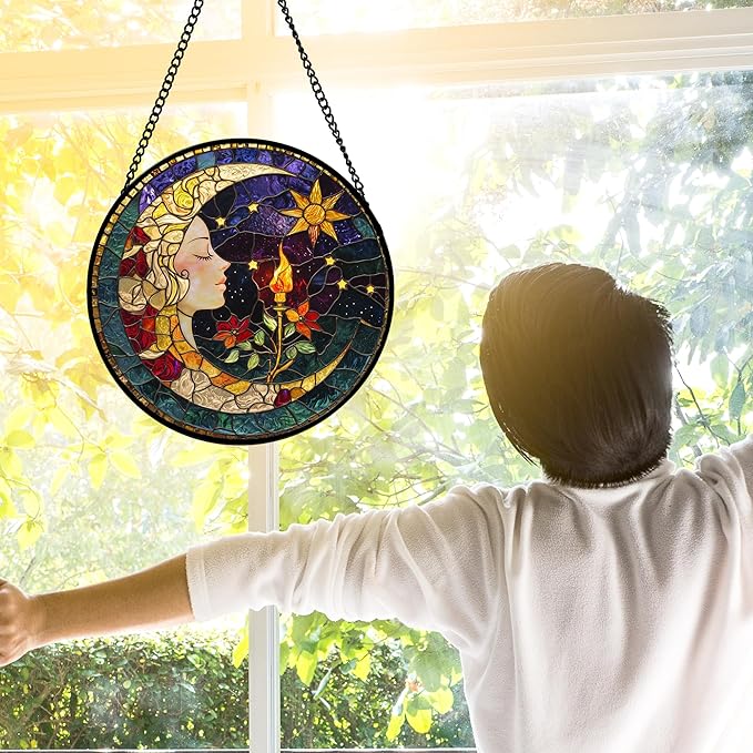DASTOLL Stained Glass Window Hanging, Moon Goddess Torch Suncatcher Diamond - Image 2