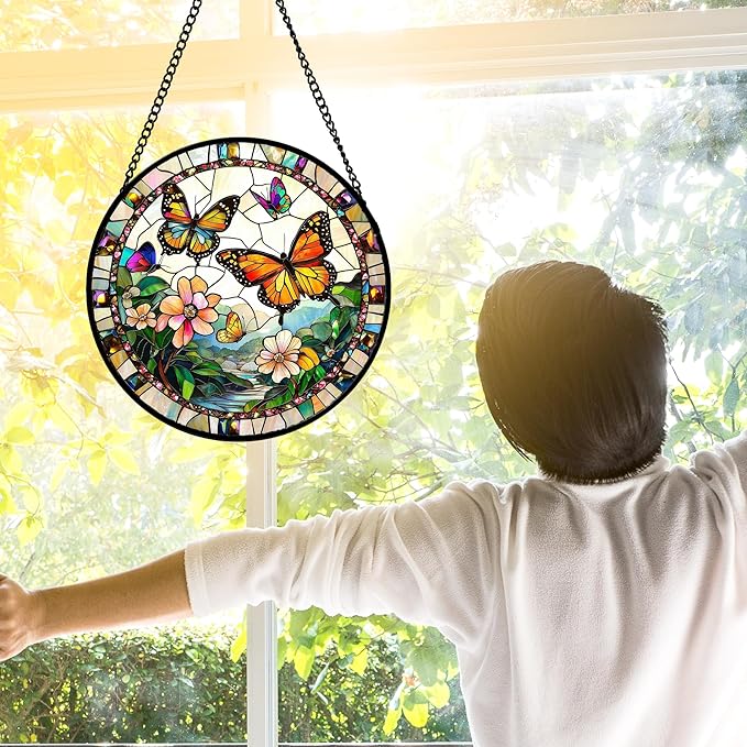 DASTOLL Stained Glass Window Hanging, Butterflies Flying in The Sky Suncatcher - Image 3