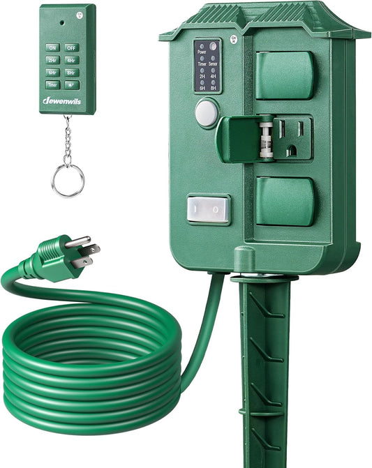DEWENWILS Outdoor Power Stake Timer with Remote Control, Dusk to Dawn Timer | Waterproof, 6 Grounded Outlets, 6FT Extension Cord, 100FT Wireless Remote Control, Ideal for Lights, Yard, Garden, UL Listed