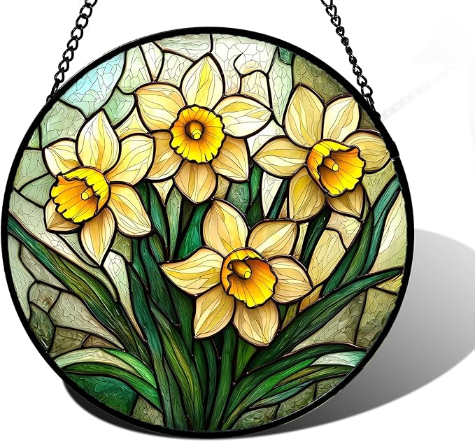DASTOLL Stained Glass Window Hanging, Daffodil Plant Flowers Sun Catchers by DASTOLL
