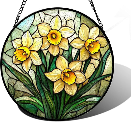 DASTOLL Stained Glass Window Hanging, Daffodil Plant Flowers Sun Catchers by DASTOLL