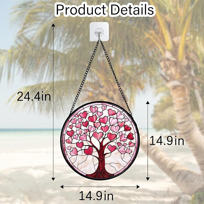 Stained Glass Window Hanging, Valentine's Day Gifts Pink Love Heart Tree - Image 6