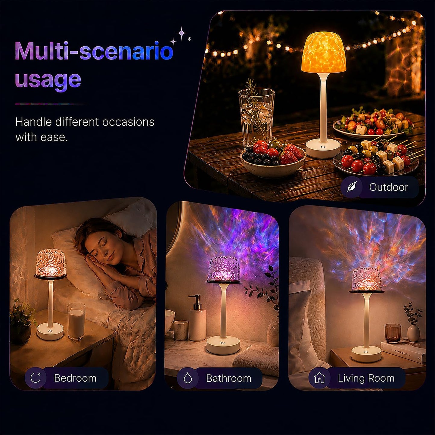 Shower Lamp, Waterproof Rechargeable LED Ocean Wave Projector Light | 16 Color Ocean Wave Projection, Remote & Touch Control, USB-C Rechargeable, Bathroom Bedroom, Outdoor Lighting, Floor Lamps