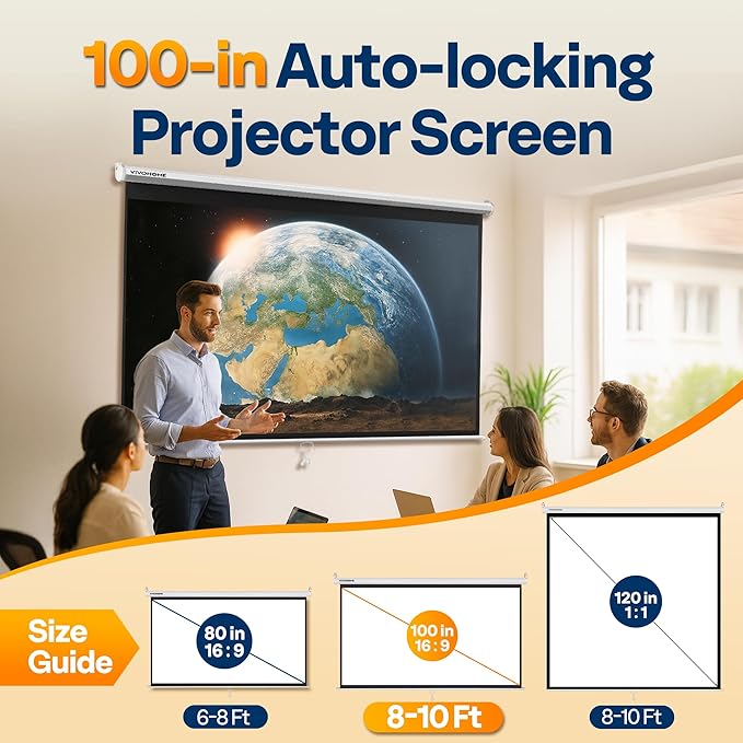 VIVOHOME 100 Inch 16:9 Pull Down Projector Screen, HD 4K Retractable Movie - Image 2