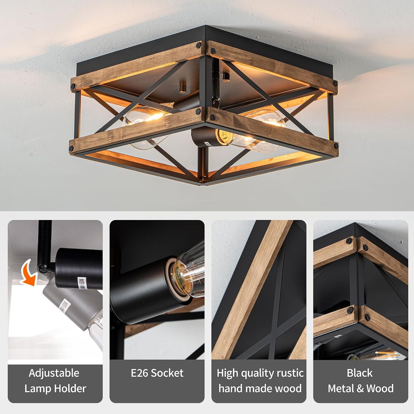 Mayful Black Farmhouse Flush Mount Ceiling Light Fixturet, 2-Light Rustic Hallway Light Fixtures with Wood & Metal Frame, Industrial Close to Ceiling Light Fixtures for Kitchen Entryway Foyer