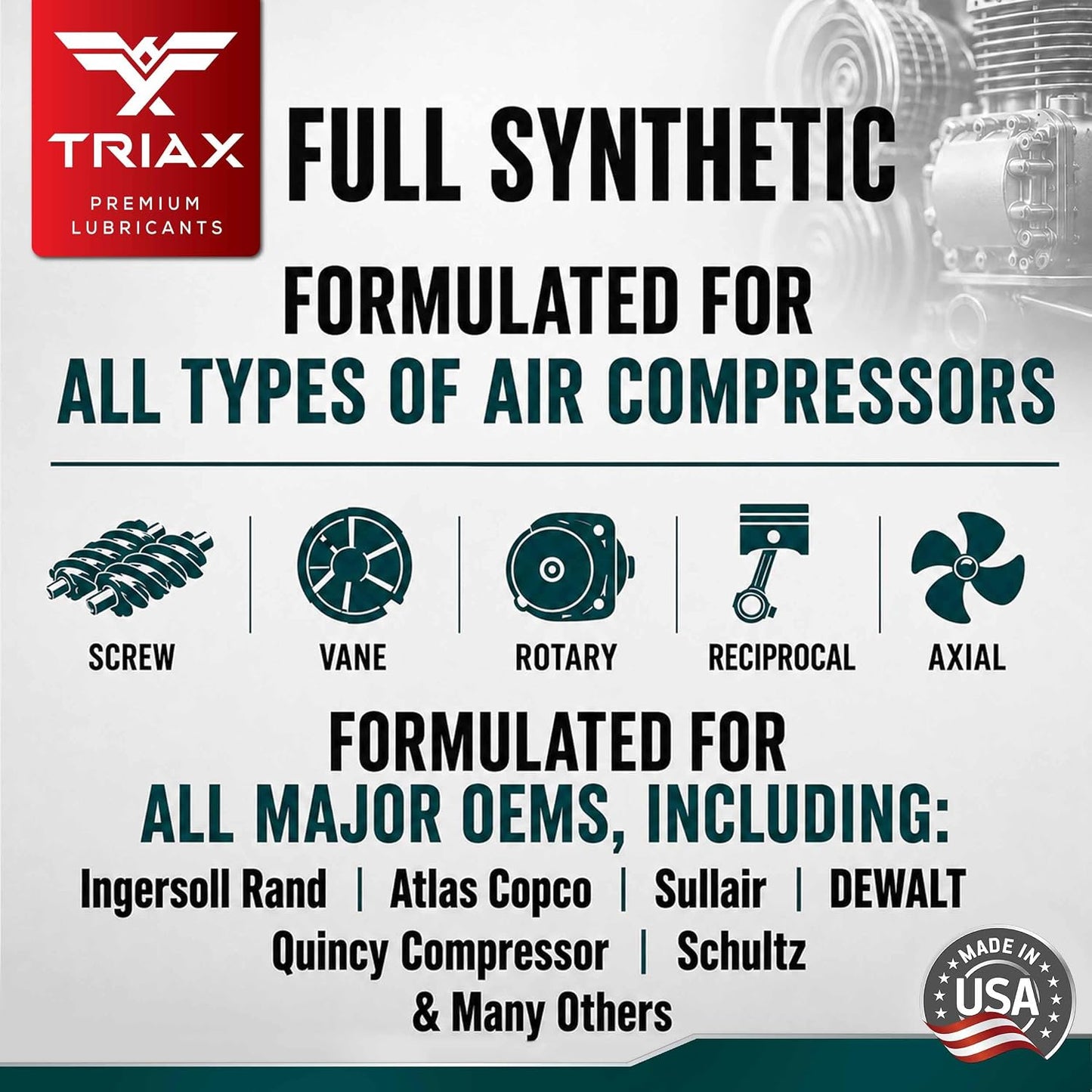 TRIAX Kompressor ISO 100 SAE 30, Full Synthetic, Multi-Vis Air Compressor Oil | for Rotary, Vane, Screw, and Reciprocal | Commercial Grade | High Temp | Non-Detergent (1 Quart)