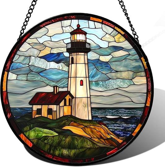 DASTOLL Stained Glass Window Hanging, Ocean Lighthouse Sun Catchers Glass Panel by DASTOLL
