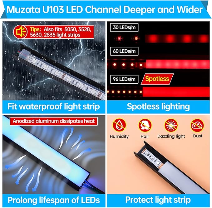 Muzata 10Pack 3.3FT/1M Plus-Size Spotless LED Channel Black LED Strip Diffuser - Image 2