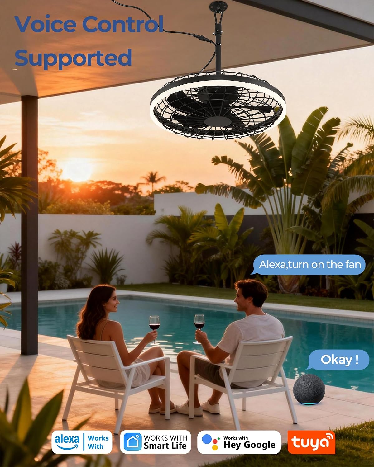 20" Gazebo Fan With Light Waterproof Ceiling Fan,5 Blade,Dimmable Color,3CCT,Alexa/Google,Black Plug In Caged Outdoor Fan for Patio Backyard Family Reunions Parties