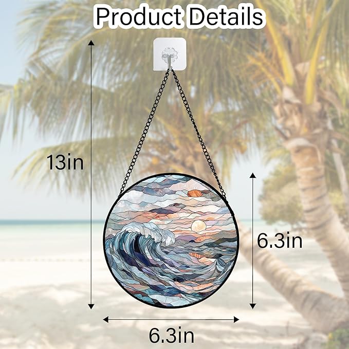 DASTOLL Stained Glass Window Hanging, Sunrise Waves Sun Catchers Diamond Glass - Image 2