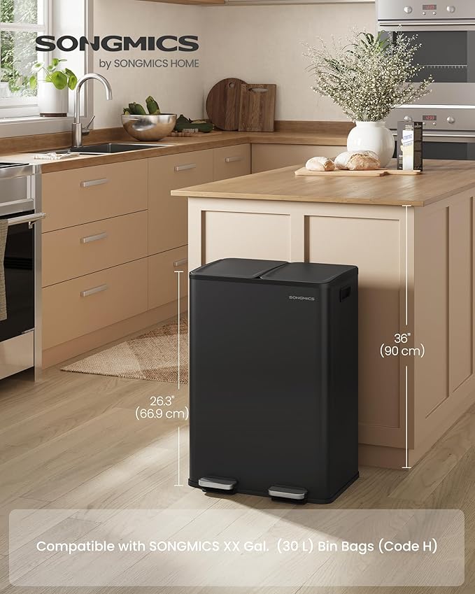 SONGMICS Trash Can, 2 x 8 Gallon Dual-Compartment Garbage Can - Image 2
