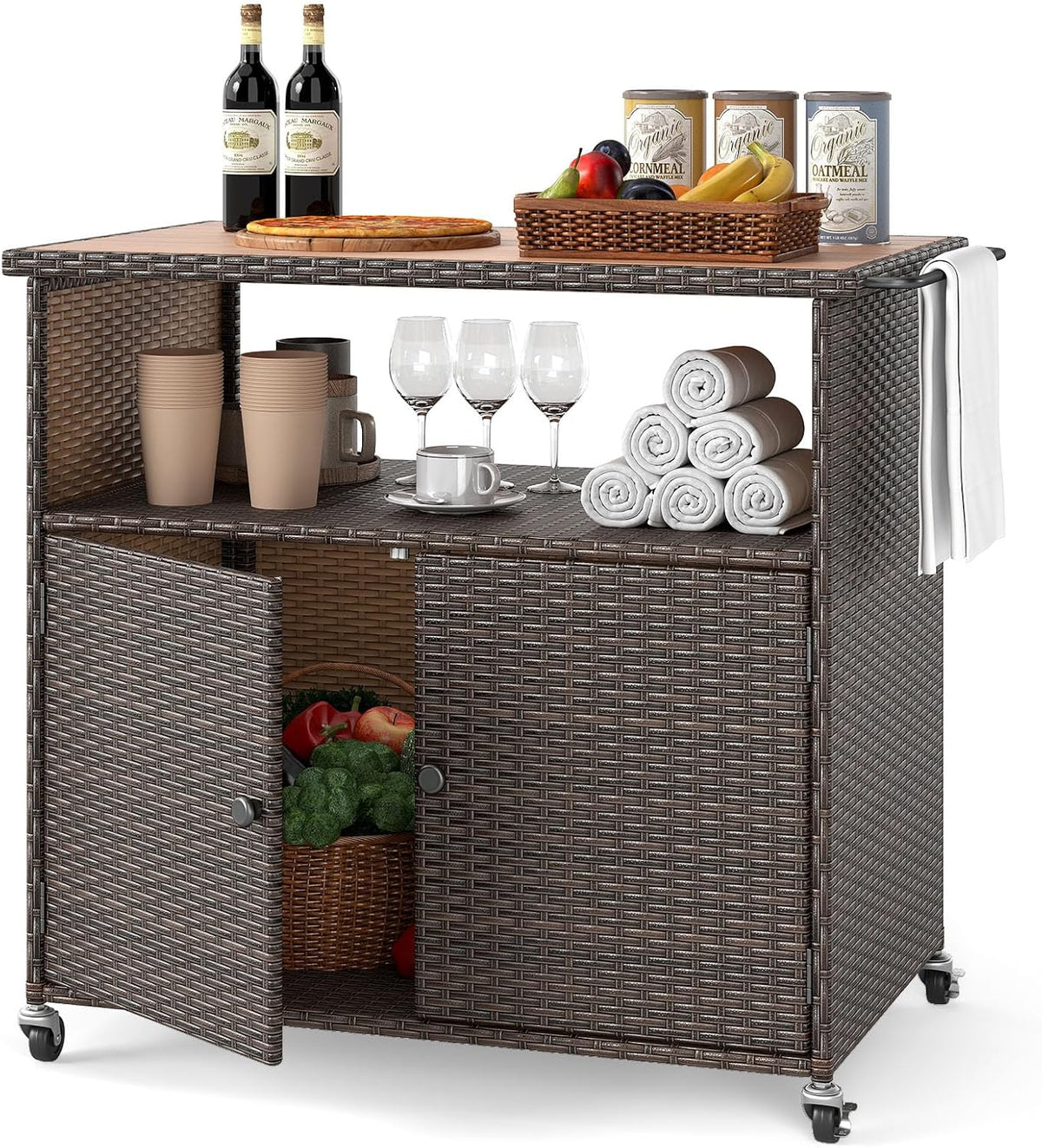 happygrill outdoor storage cabinet with wheels, pe rattan shown in use