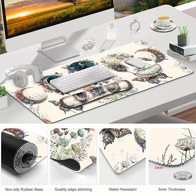 Large Desk Mat, Cute Boho Plants Mouse Pad, Apricot Desk Pad, XXL Mousepad + - Image 8