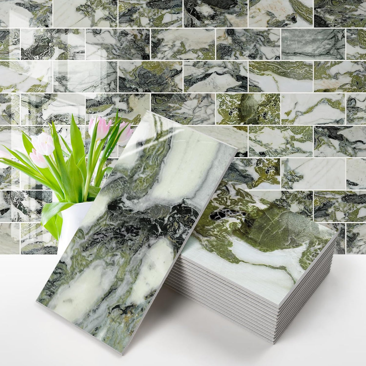Vamos Tile 100-Piece Glossy Ice Green Peel and Stick Backsplash Tile, Stick on