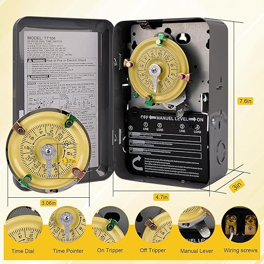 T104 Electromechanical Timer Switch, 208-277 VAC 5HP 40A DPST Pool Pump Timers - Image 5