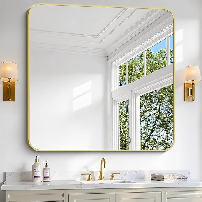 Gold Bathroom Mirror, 42x42 Inch Metal Framed Square Mirror, Rounded Corner - Image 2