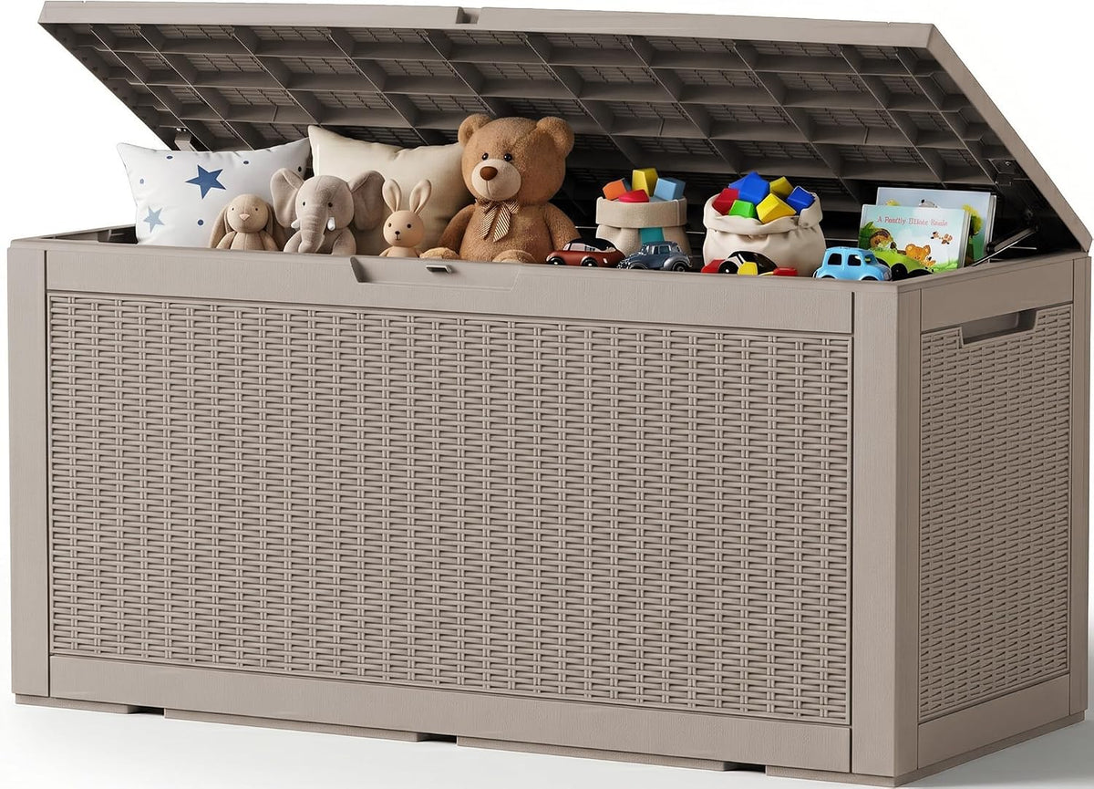 outdoor storage box, 160 gallon waterproof resin deck, main product view