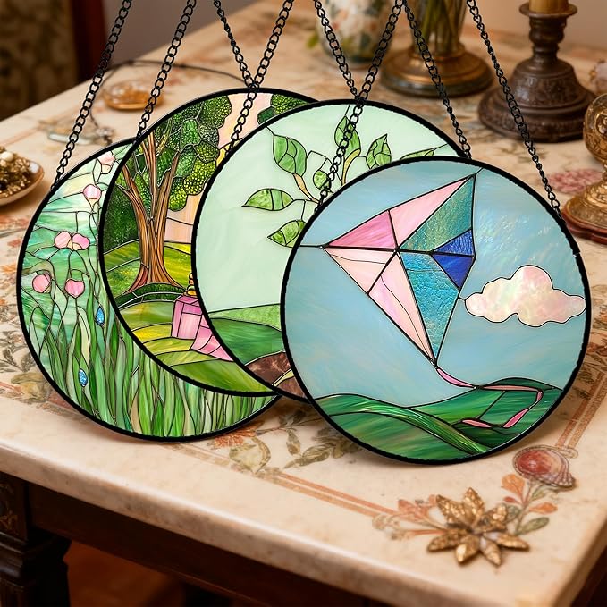 AMDERVEN Stained Glass Window Hanging 4 Pcs Set Pink Green Spring Saplings - Image 2
