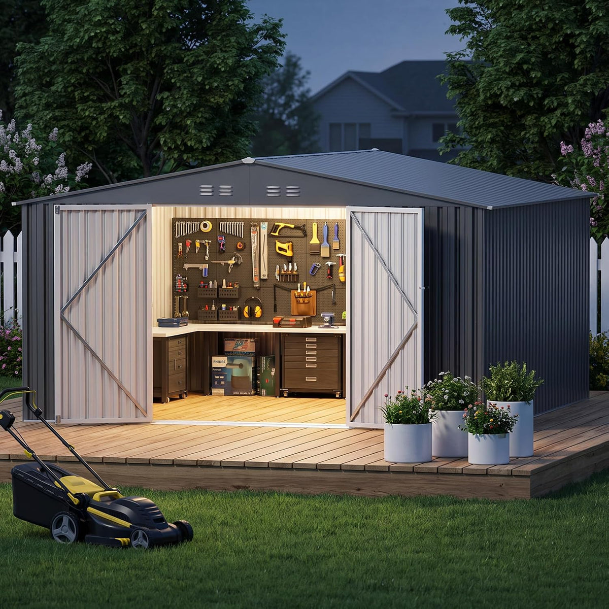 12ft outdoor storage shed, dark grey metal waterproof, main product view