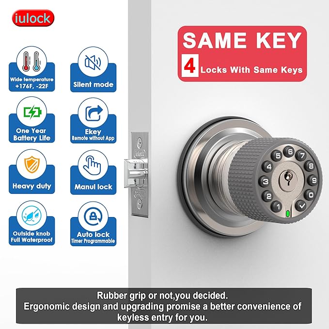 iulock Smart Door Knob with Keypad and Key, Keyless Entry Door Lock with Rubber - Image 3