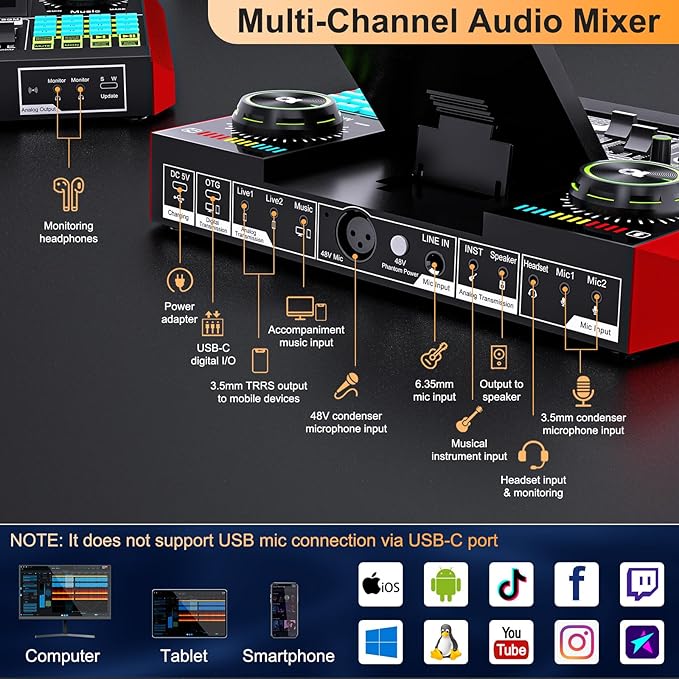 Live Sound Card Audio Mixer, Podcast Equipment Bundle - Image 7