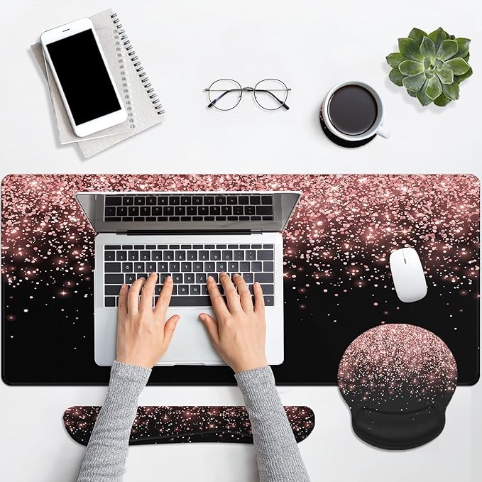 Britimes Rose Gold Pink Keyboard Mouse Pad Set Black Golden 4in1 Large - Image 7