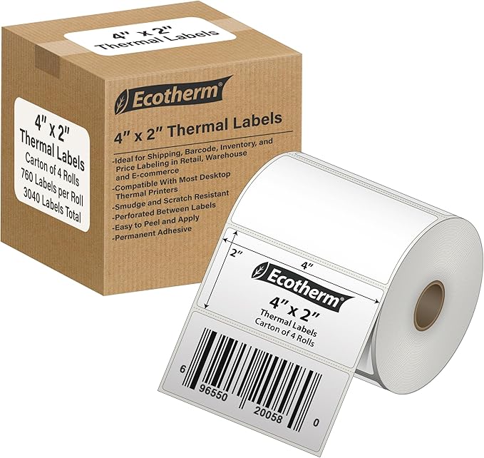 4" x 2" Thermal Labels | 4 Rolls | 3040 Labels | fits Zebra, Offnova Thermal by EcothermProducts
