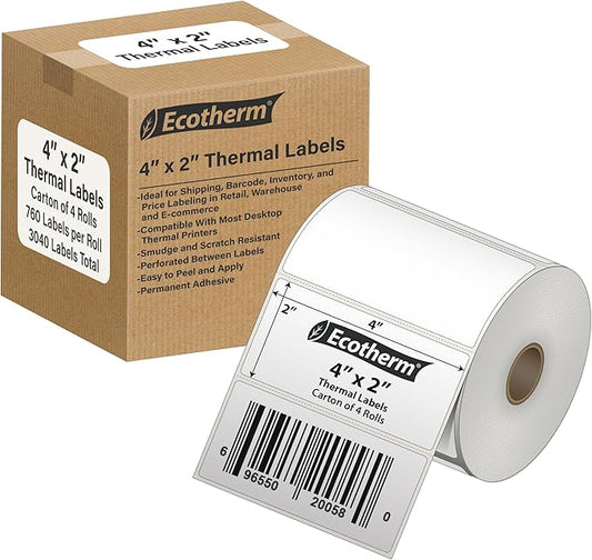4" x 2" Thermal Labels | 4 Rolls | 3040 Labels | fits Zebra, Offnova Thermal by EcothermProducts