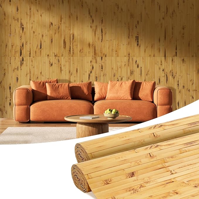 OUZUGIE 2 Pack 96x48 Inch Natural Bamboo Wall Panel – Yellow Burned Pole Wrap by OUZUGIE