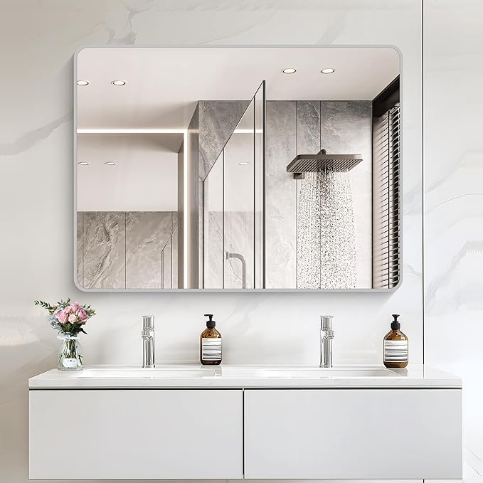 48x36 Inch Silver Bathroom Mirror, Large Rectangular Vanity Mirror, Metal - Image 2