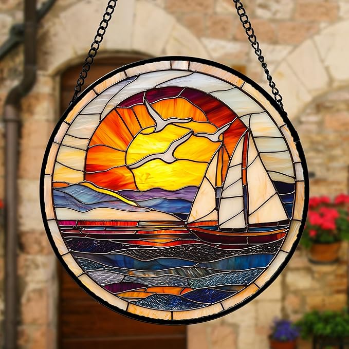 DASTOLL Stained Glass Window Hanging, Sun Ocean Sailboat Seagull Abstract - Image 5